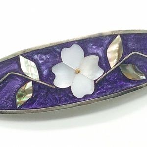 Silver Tone Alpaca Shell Inlay Floral Hair Clip